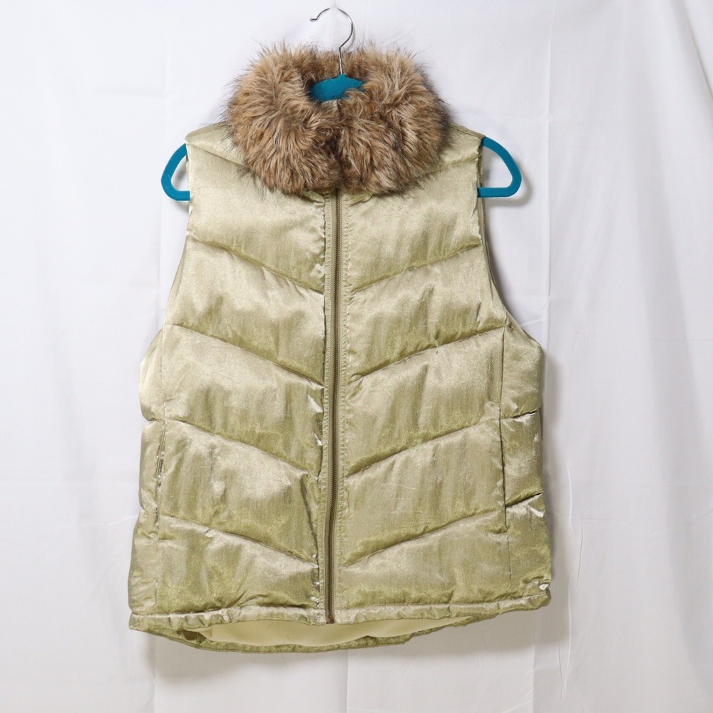 Gap Body Puffer Vest L Gold Womens Faux Fur Trim Padded Winter Gilet